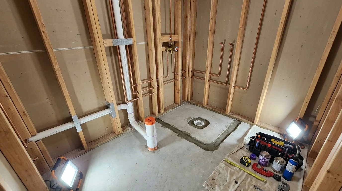 Bathroom rough-in plumbing during remodel by Johns Plumbing LLC in Lake Waccamaw