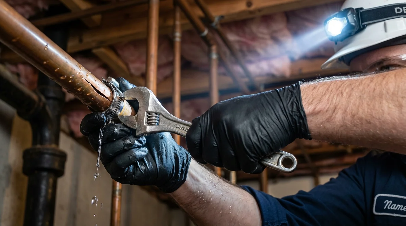 Emergency pipe clamp repair being performed by a Johns Plumbing LLC plumber in Lake Waccamaw