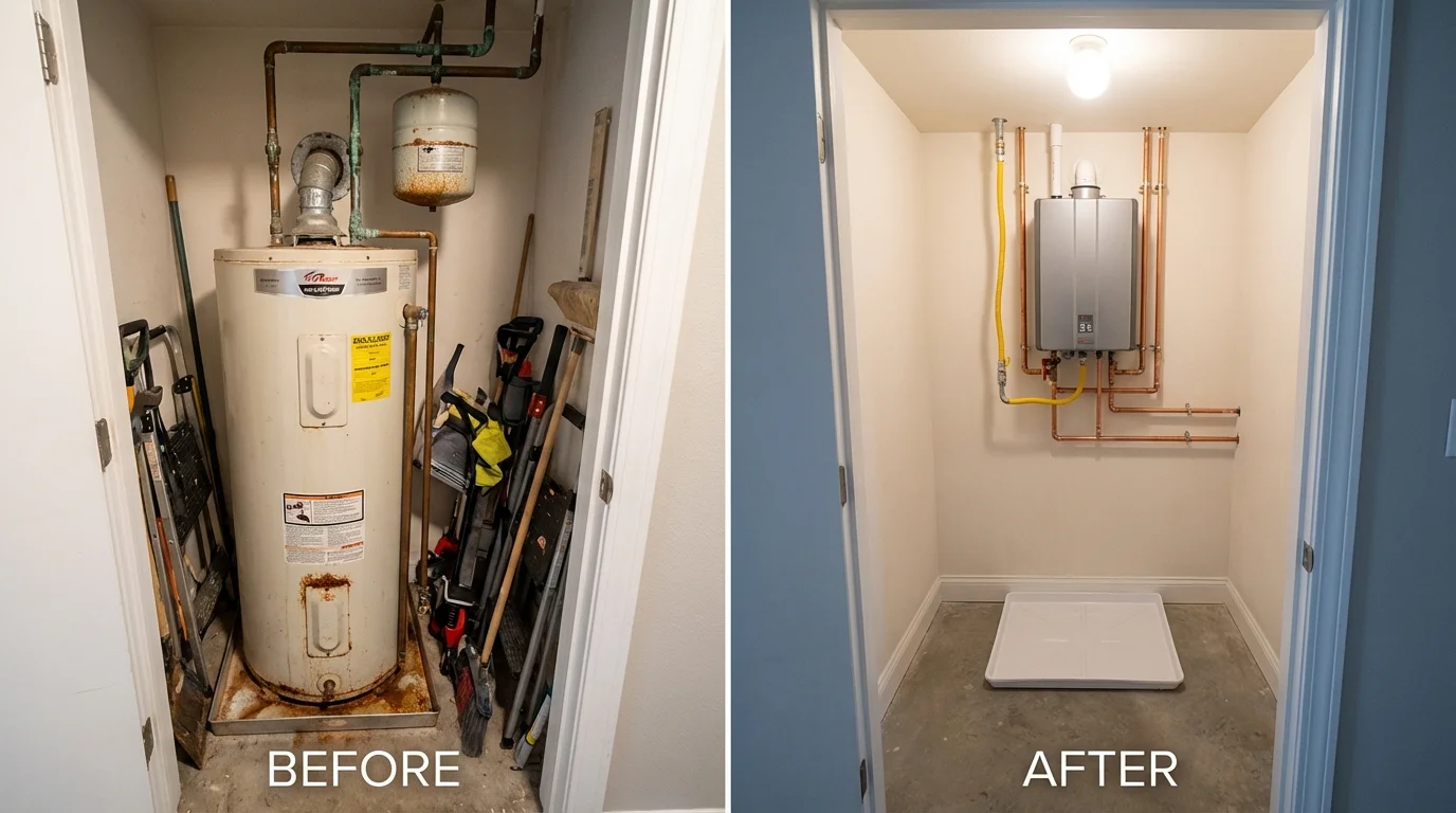 Tank water heater versus wall-mounted tankless unit comparison for Lake Waccamaw, NC homeowners