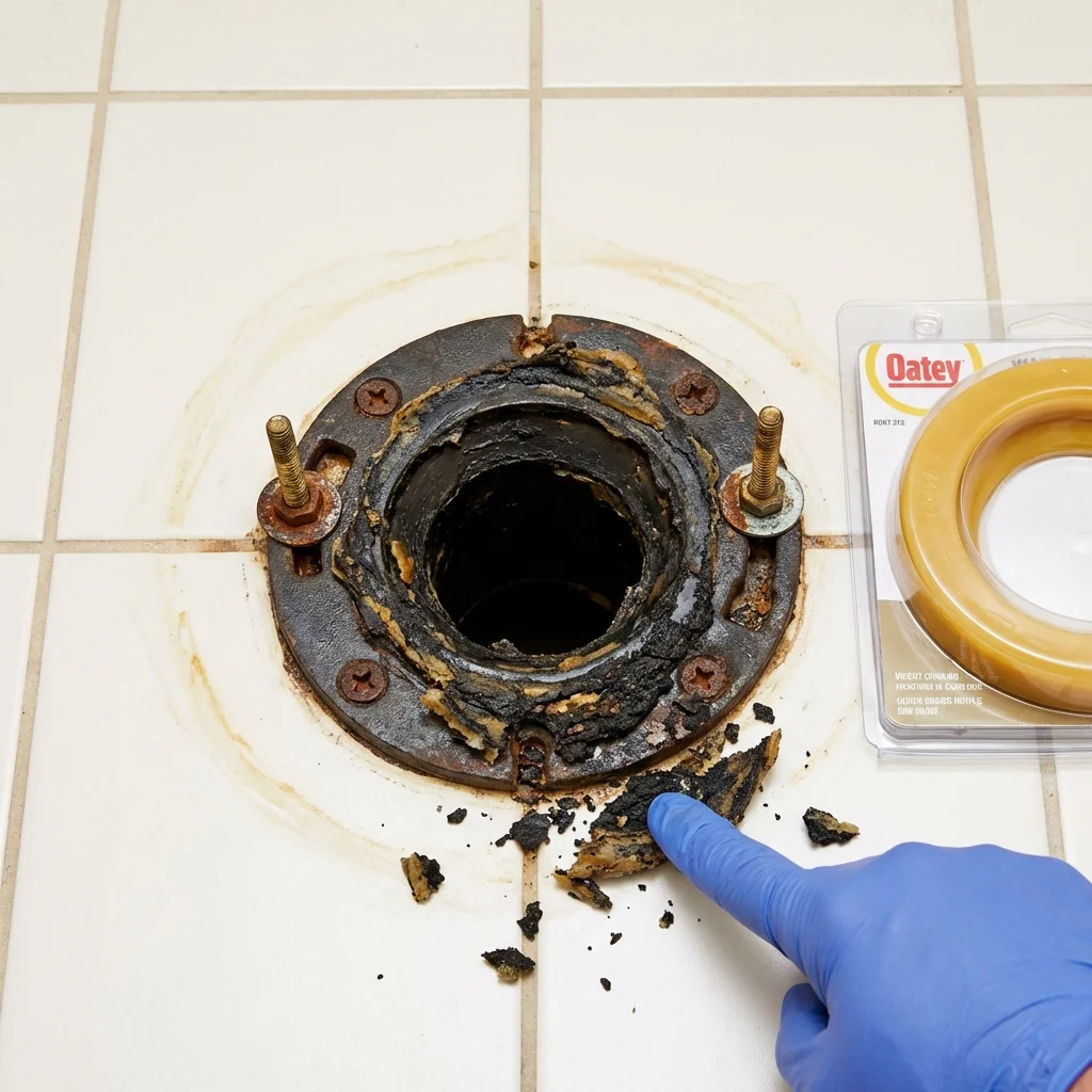 Failed wax ring showing water seepage at the base of a toilet in a Lake Waccamaw, NC home