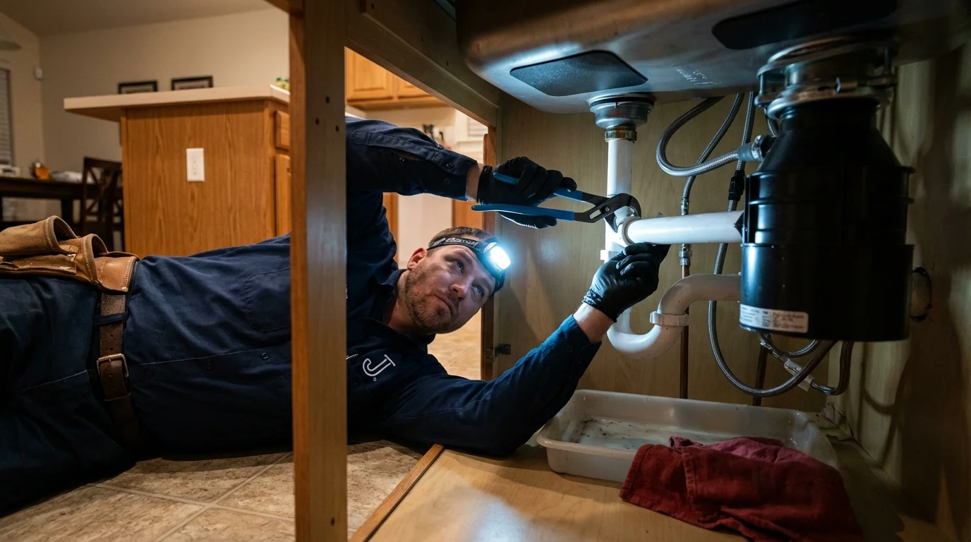P-trap and supply line connections under a kitchen sink showing a common leak point in Lake Waccamaw, NC